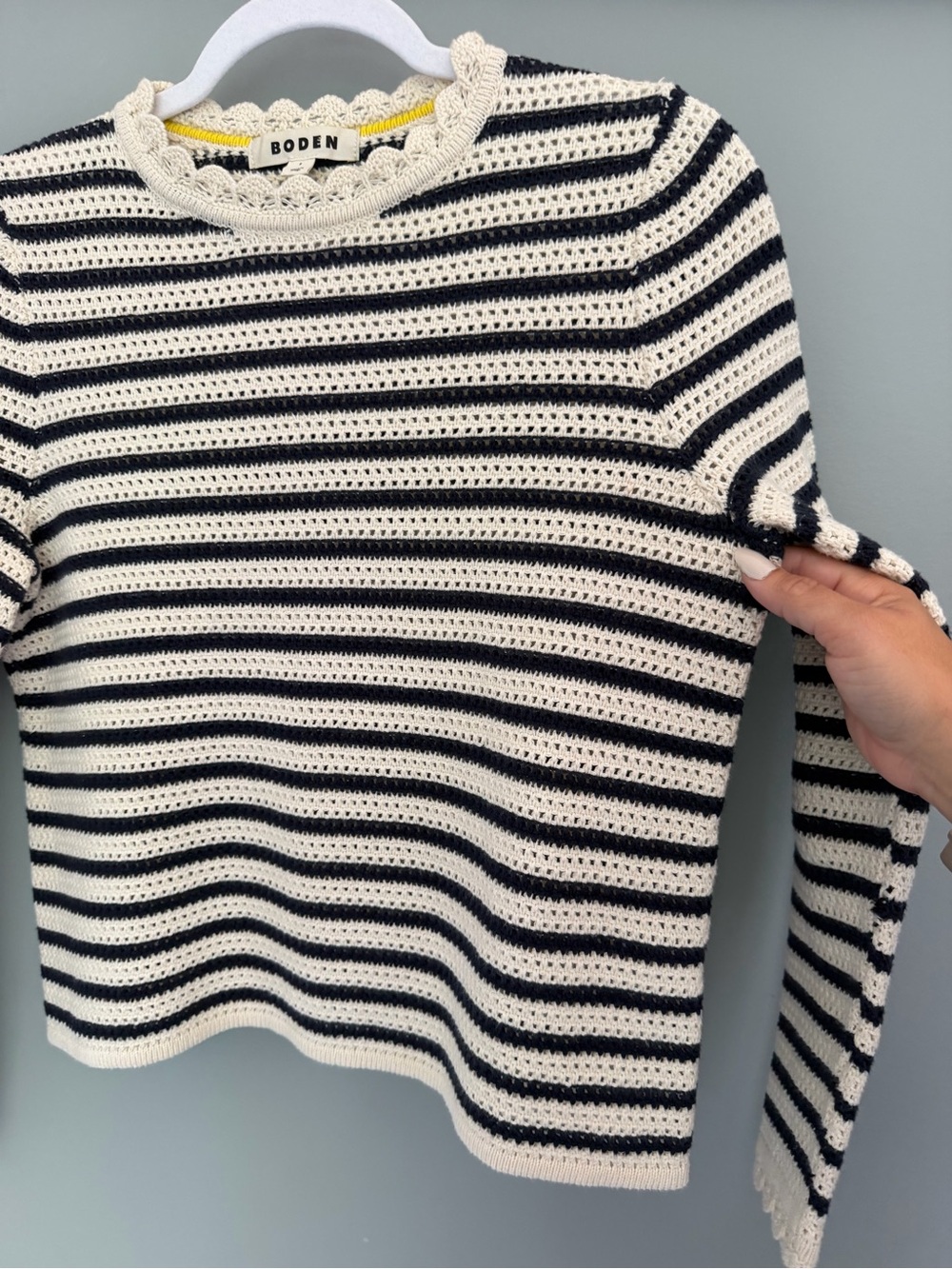 Boden 100% Cotton Scallop Neck Crochet Navy Cream Long Sleeve Knit Sweater - Picture 7 of 17